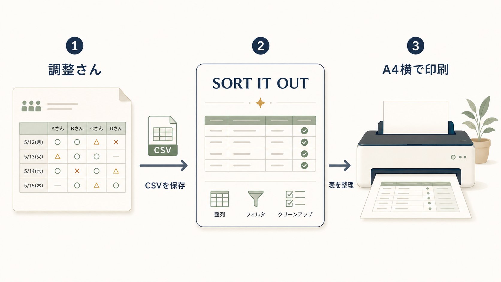 調整さんからCSVを保存し、SORT IT OUTで表を整理してA4横で印刷するまでの流れ